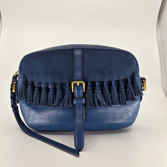 🗝️ Fossil Kendall Blue Suede Flap Fringe Crossbody ✨ Boho Western Bag 🗝️ - Picture 2 of 10